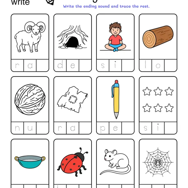 Ending Sounds Worksheets: CVC Words #3 worksheet for grade 1