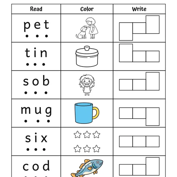 CVC Words Read, Color, Write Worksheets #6 worksheet for grades K to 1