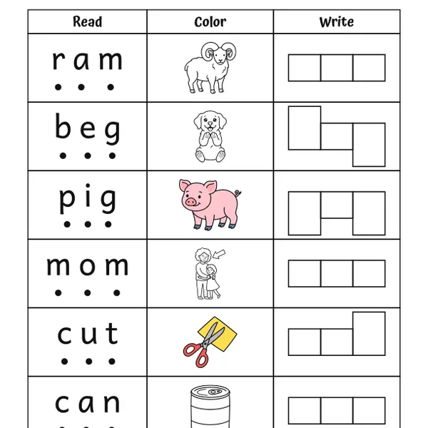 CVC Words Read, Color, Write Worksheets #5 worksheet for grades K to 1