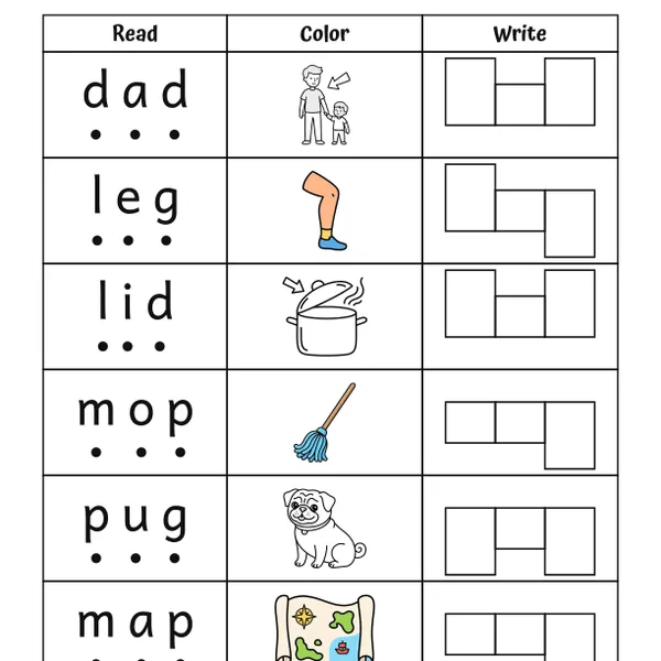 CVC Words Read, Color, Write Worksheets #2 worksheet for grades K to 1