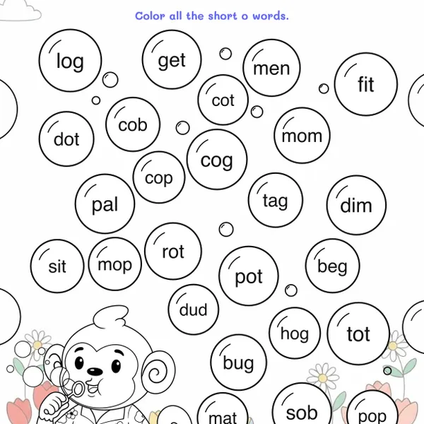 Short o Bubble Pop Worksheets worksheet for grades K to 1
