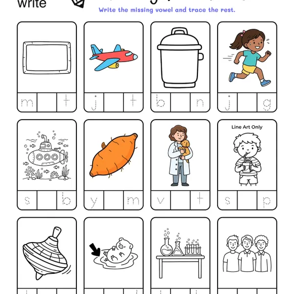 Missing Vowels Worksheets: CVC Words #2 worksheet for grade 1