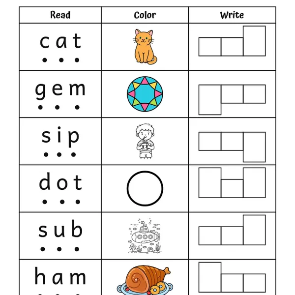CVC Words Read, Color, Write Worksheets #4 worksheet for grades K to 1