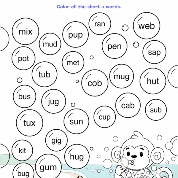 Short u Bubble Pop Worksheets worksheet for grades K to 1