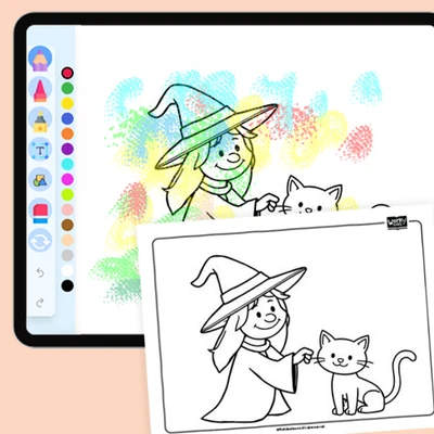Witch with a Friendly Cat - coloring educational content