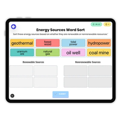 Energy Sources Word Sort - game educational content