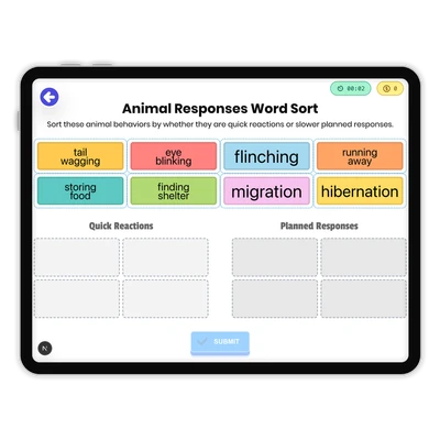 Animal Responses Word Sort - game educational content