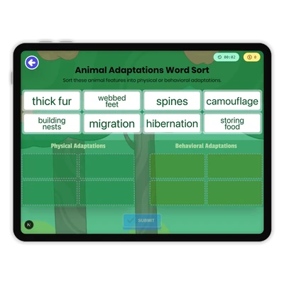 Animal Adaptations Word Sort - game educational content