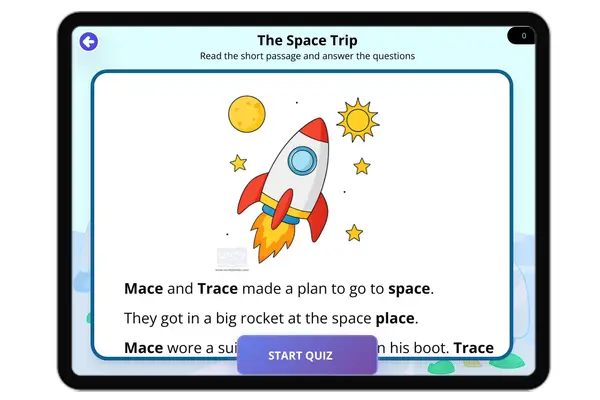 The Space Trip — Decodable -ace - reading educational content