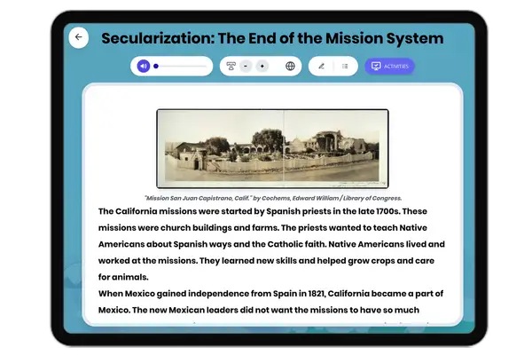 Secularization: The End of the Mission System - reading educational content