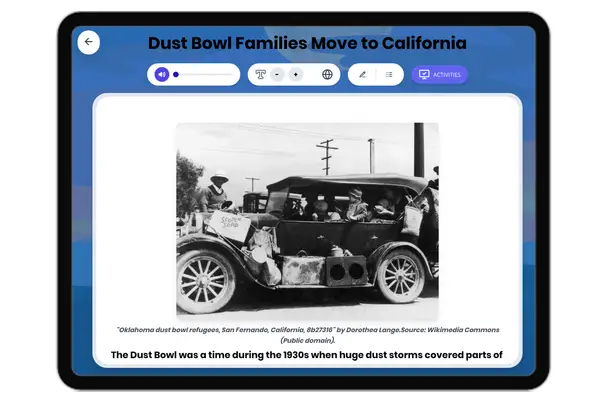 Dust Bowl Families Move to California - reading educational content