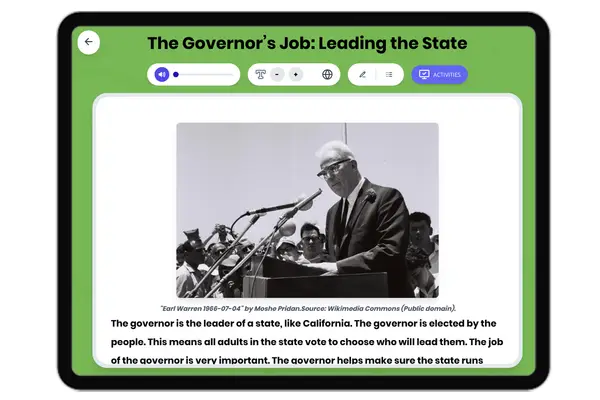 The Governor’s Job: Leading the State - reading educational content