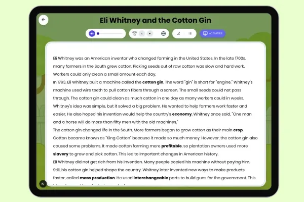 Eli Whitney and the Cotton Gin - reading educational content