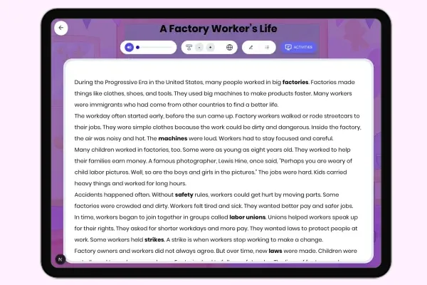 A Factory Worker’s Life - reading educational content