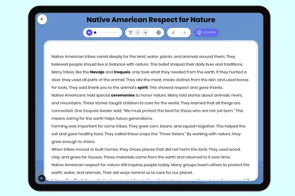 Native American Respect for Nature - reading educational content