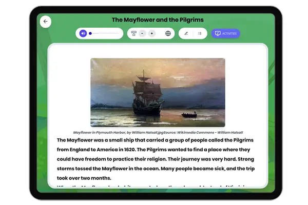 The Mayflower and the Pilgrims - reading educational content