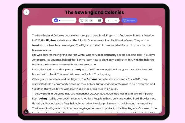 The New England Colonies - reading educational content