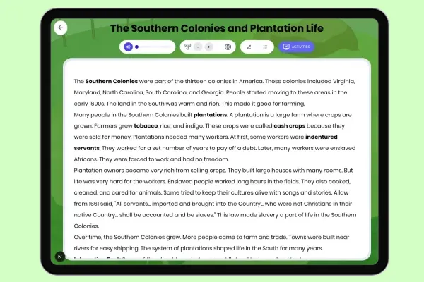 The Southern Colonies and Plantation Life - reading educational content