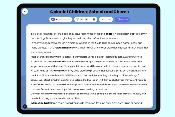 Colonial Children: School and Chores - reading educational content