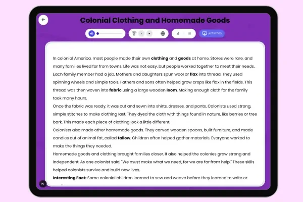 Colonial Clothing and Homemade Goods - reading educational content