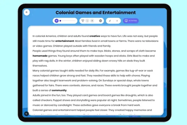 Colonial Games and Entertainment - reading educational content