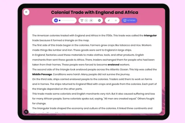 Colonial Trade with England and Africa - reading educational content