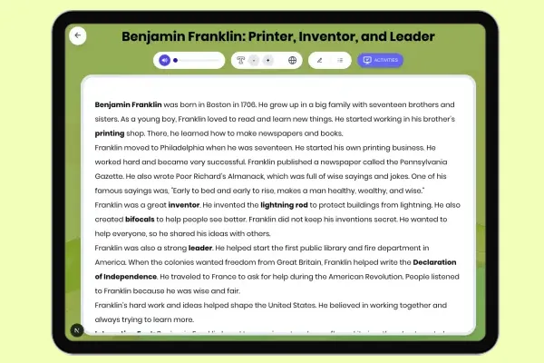 Benjamin Franklin: Printer, Inventor, and Leader - reading educational content