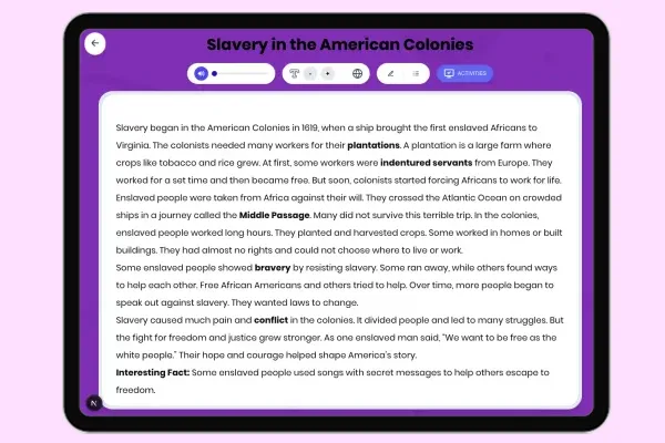 Slavery in the American Colonies - reading educational content