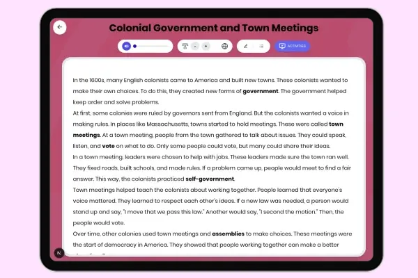 Colonial Government and Town Meetings - reading educational content