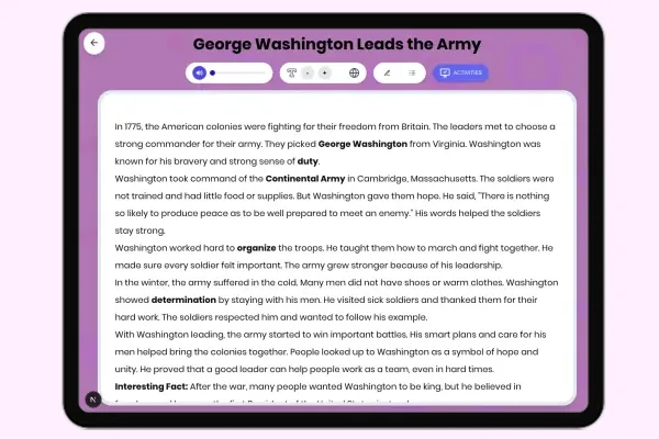 George Washington Leads the Army - reading educational content