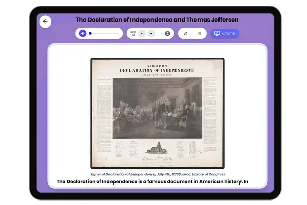 The Declaration of Independence and Thomas Jefferson - reading educational content