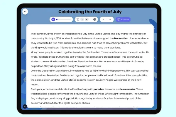 Celebrating the Fourth of July - reading educational content