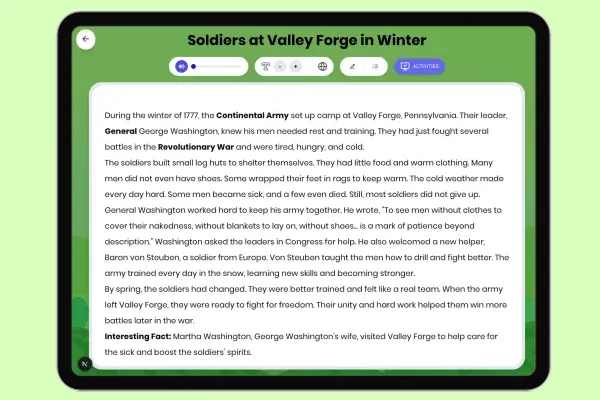 Soldiers at Valley Forge in Winter - reading educational content