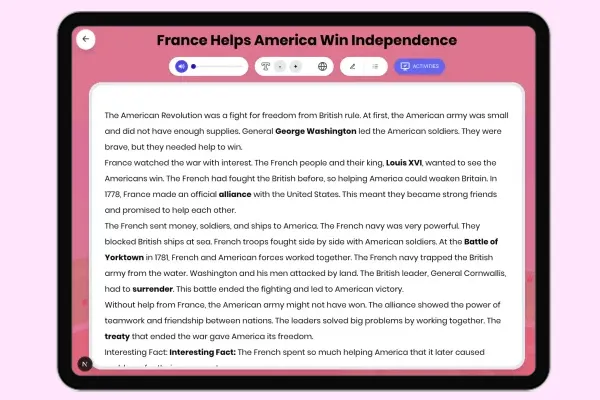 France Helps America Win Independence - reading educational content