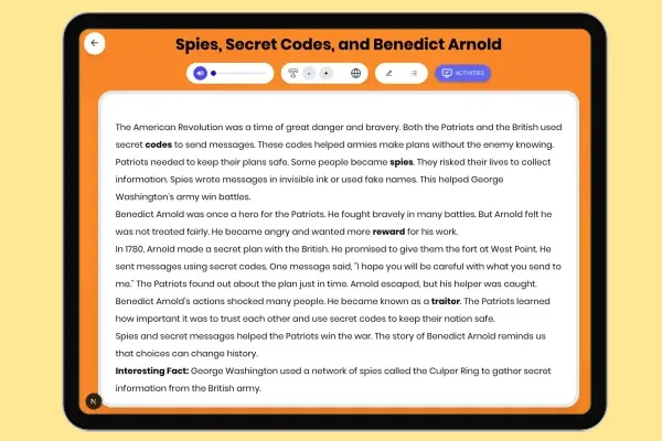 Spies, Secret Codes, and Benedict Arnold - reading educational content