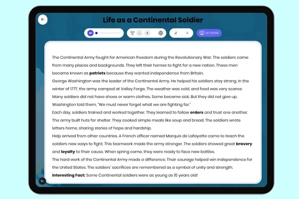 Life as a Continental Soldier - reading educational content