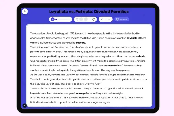 Loyalists vs. Patriots: Divided Families - reading educational content