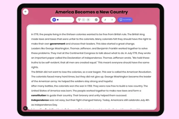 America Becomes a New Country - reading educational content