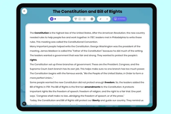 The Constitution and Bill of Rights - reading educational content