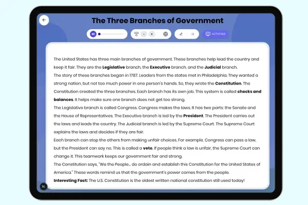 The Three Branches of Government - reading educational content