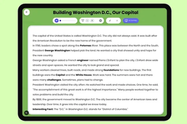 Building Washington D.C., Our Capital - reading educational content