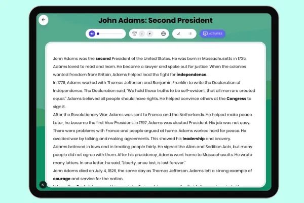 John Adams: Second President - reading educational content