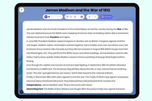 James Madison and the War of 1812 - reading educational content
