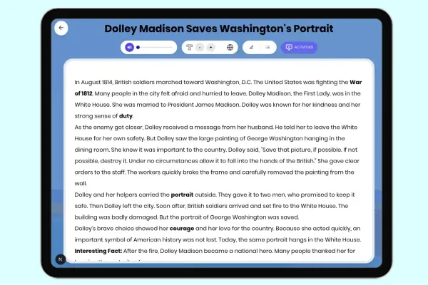 Dolley Madison Saves Washington's Portrait - reading educational content