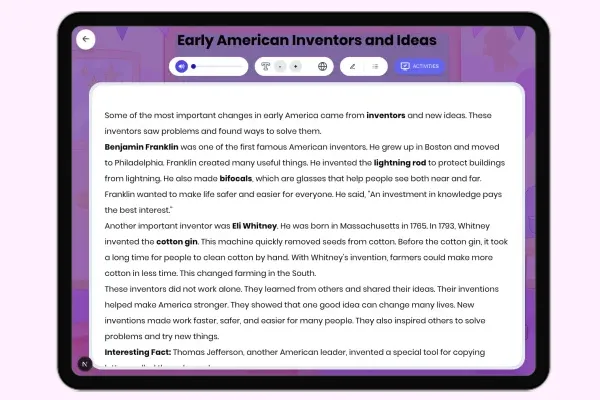 Early American Inventors and Ideas - reading educational content
