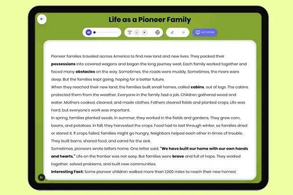 Life as a Pioneer Family - reading educational content