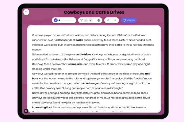 Cowboys and Cattle Drives - reading educational content