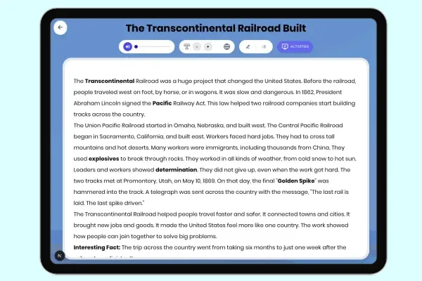 The Transcontinental Railroad Built - reading educational content