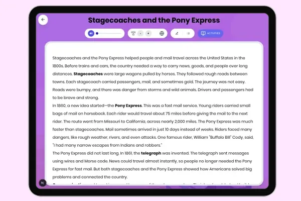 Stagecoaches and the Pony Express - reading educational content
