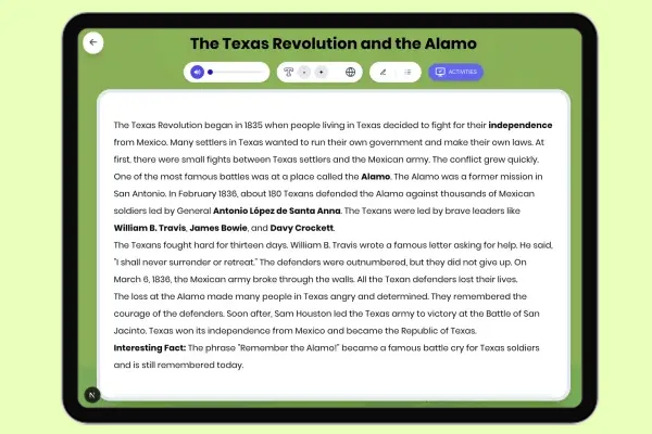 The Texas Revolution and the Alamo - reading educational content